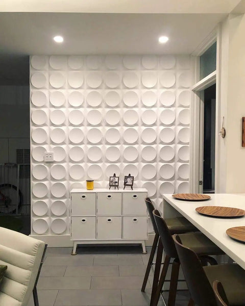White 3D Wall Panels Moon Surface Design Set Of 12 Tiles Covering 32 Sq Ft Waterproof Paintable with cabinet and chairs