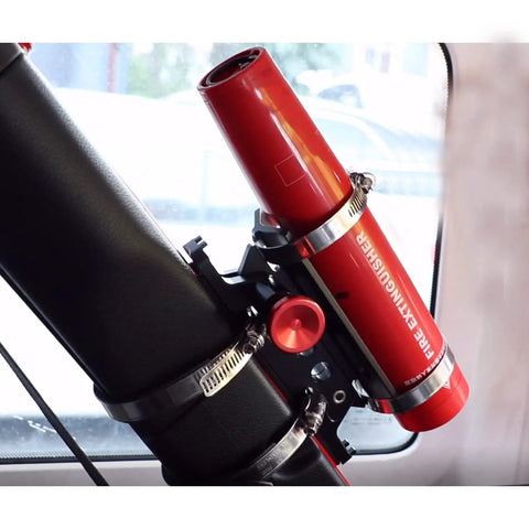 Universal Quick Release Roll Bar Fire Extinguisher Mount Bracket One Hand Grab Feature For Offroad Vehicles mounted on roll bar