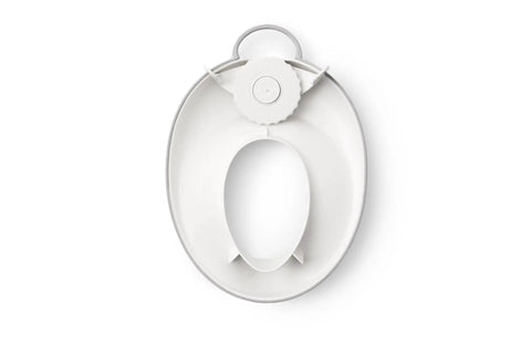 Hassle Free Potty Training Seat With Built In Splash Guard Adjustable Toilet Adapter in white and gray, showing splash shield design.