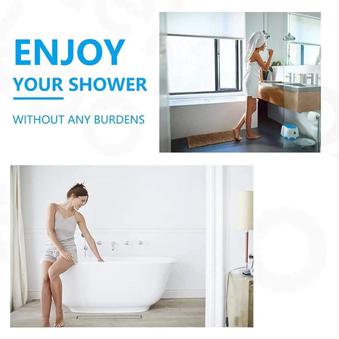 Person enjoying a shower with 12 Inch Linear Shower Drain For Tile With Tile Insert Grate In Brushed Nickel 304 Stainless Steel 2 In 1 Shower Drain System Easy Install For Seamless Barrier Free Floor Level Shower.