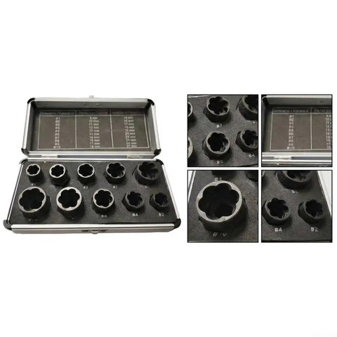 Heavy Duty Steel Bolt Extractor Socket Set 10pc For Gnarly Rusted And Rounded Nuts in a displayed case with sizes clearly labeled.