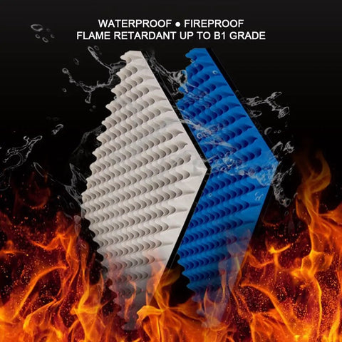 Heavy Hitter Soundproof Foam Roll, Real Deal Acoustic Wall Panels in blue and white, showcasing flame retardant and waterproof features.