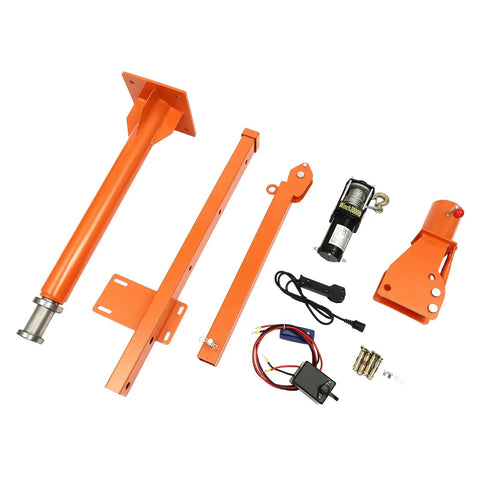 Rock Solid Folding Pickup Truck Bed Crane Hoist With Slick 12V Electric Winch components including jib arm and electric motor.