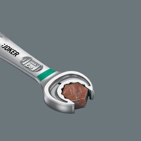 Close-up of Joker SB Ratcheting Combination Wrench Nine Sixteenths Inch Open End Hold With Depth Stop on fastener.