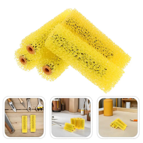 40 Piece Yellow Sponge Texture Paint Roller Set For Slapping On Sick Embossed Wall Finishes On Heavy Duty Exterior House Jobs With Quick Swap Roller Cover Replacements And Thick Nap Plaster Stencil Kit, showing three yellow sponge roller covers on a white background.