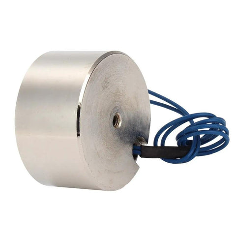 Heavy Hitter 12V Direct Current Electromagnet Lifting Magnet Featuring Knockout Fifty Kilogram Grip built with a silver, circular body and wires.