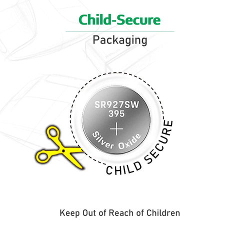 Child-Secure packaging for Ten Pack SR927SW 399 Watch Batteries Top Shelf Silver Oxide Button Cells 1.55v power cells.