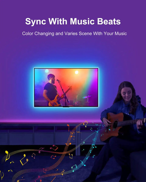 Television with Color Changing Bluetooth LED Backlights For TV With Dope Smart App Control 15ft USB Powered Strip syncing to music.