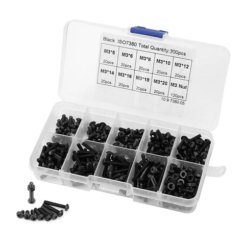 M3 Button Head Hex Socket Screws And Nuts Set All In One Kit Grade 10.9 Black Oxide Finish 300-Piece Assortment in a Sorting Box