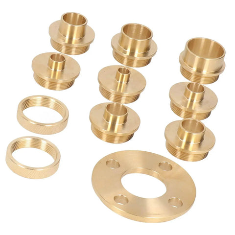 Built Tough Brass Router Template Guide Kit 11 Piece Set Featuring Eight Smooth Glide Bushings and Rock Solid Lock Nuts parts layout.