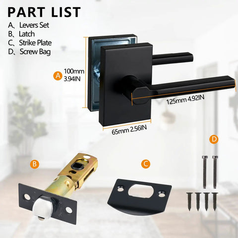Passage Door Levers Set For Interior Use Beefy Heavy Duty Square Door Handles parts list with latch, strike plate, screws.