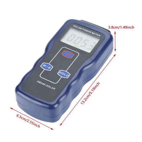 High Precision Solar Radiation Meter with Large LCD Display for field or lab use, showing dimensions and buttons.