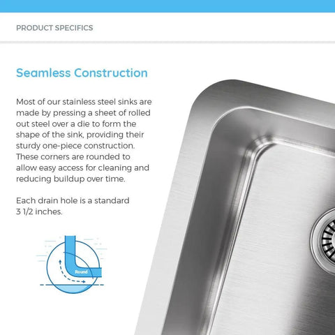 ADA1823 Single Bowl Stainless Steel Sink With Three Quarters Inch Radius close-up showing soft corners and brushed finish