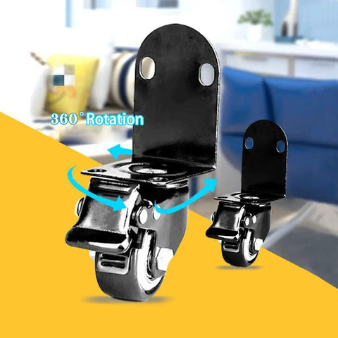 Ridiculously Smooth Swivel Caster Wheels 4 Pack With Heavy Duty L Shaped Brackets showing 360 degree rotation on black PVC wheels.
