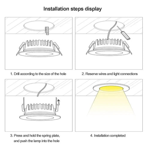 Installation steps for Built Tough Recessed Led Downlights 8 Pack With Ip65 No Sweat Waterproof Seal tutorial diagrams for mounting.