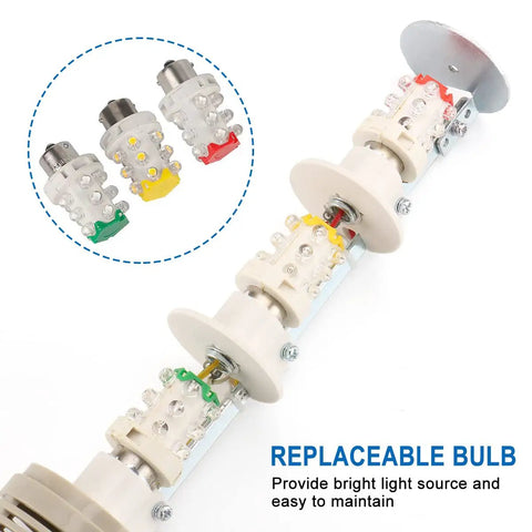 Heavy Duty Compact Round LED Tower Signal Light With Red Green Yellow Flash Warning Indicators For Industrial Machines showing replaceable bulbs.