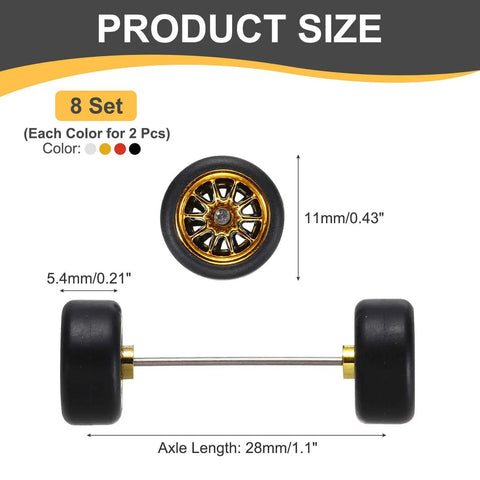 8 Piece 1/64 Scale Wheels And Tires Set With Real Riders Rims And Axles For RC Diecast Cars, gold 10 spoke design, size details