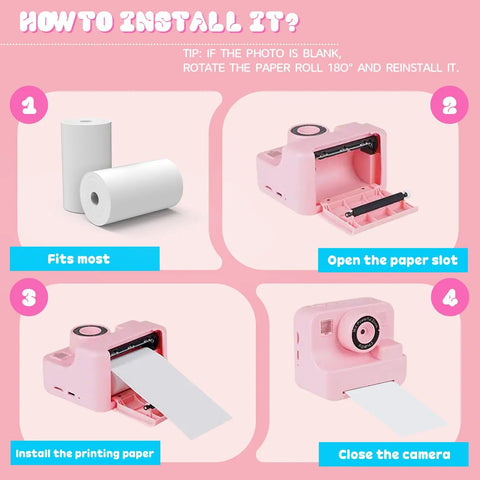 10 Rolls White Thermal Paper Refill For Kids Cameras 57x25mm 2.24x16 In Each Roll Not Self Adhesive Prints 70 To 90 Photos Per Roll And Works With Most DIY Instant Kid Cameras. Installation steps for paper roll in pink kids camera