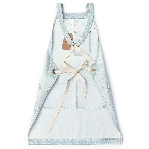 Denim Tool Shop Apron For Hairstylists With Five Pockets, Cross Back Straps, Adjustable From S To M, Salon Pro Ready Light Blue Painted Denim