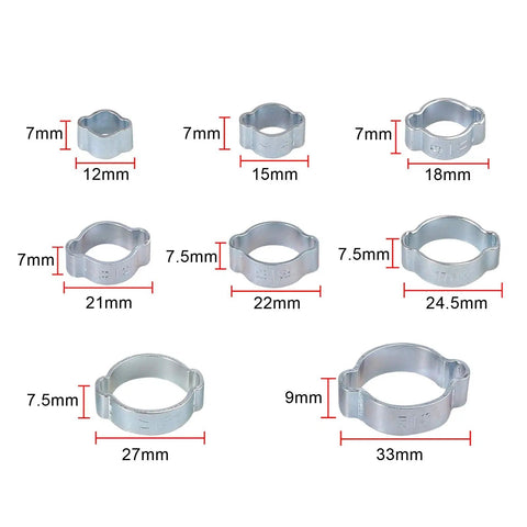 Top Notch 140 Piece Double Ear Hose Clamp Assortment Kit In Corrosion Resistant Zinc Steel With Wide Adjustable 5 To 23mm Coverage For Heavy Duty Rv Plumbing And Fluid Sealing That Holds Super Strong showing various sizes of clamps.