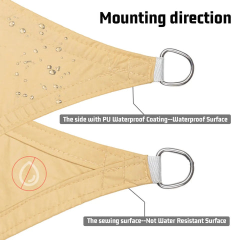 Mounting direction of Waterproof Shade Sail 10 By 13 Ft Rectangular Sand Color UV Resistant For Outdoor Patio Garden Backyard.