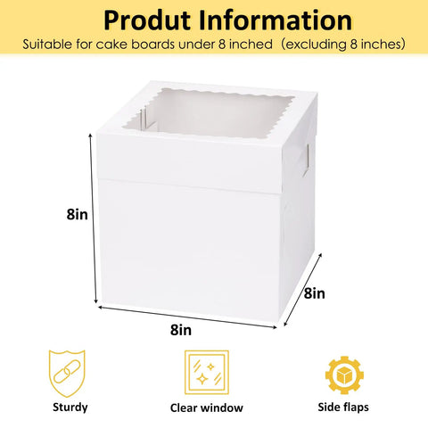 5 Pack 8 Inch Cake Boxes Built Tough With Heavy Duty Cardboard And Big Clear Window Bakery Containers showing dimensions and features.