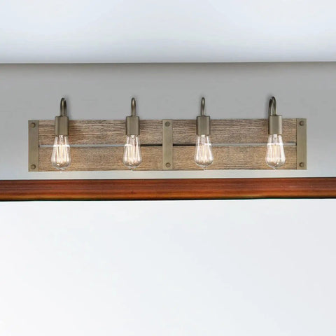 Winchester 4-Light Wall Sconce in bronze and aged wood finish, industrial style vanity lighting, 32.13W x 8.63H inches, Model 60-6430