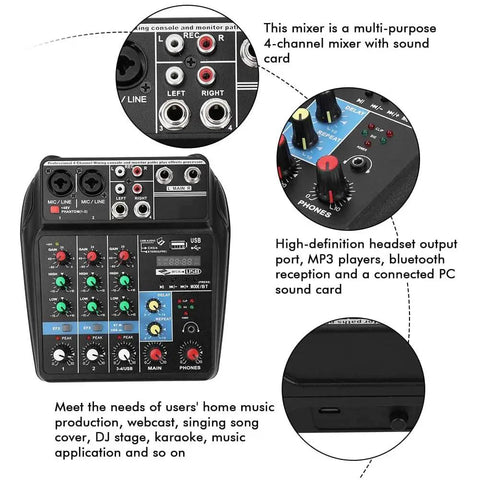 Four Channel Portable Mixer With Four XLR And TRS Mic Line Inputs And Two RCA Stereo Inputs Featuring 24 DSP Effects And 48V Phantom Power A Compact Live Broadcast Sound Console For Home Studio And On The Go front and top view with connection details