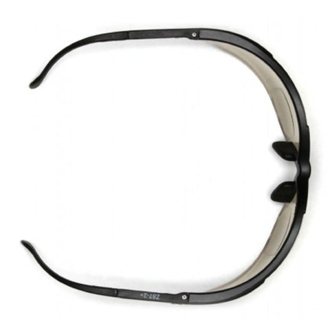 Top view of V2 Readers Bifocal Safety Glasses With Clear Lenses In Black Frame, showing adjustable temples and comfortable nose pads.