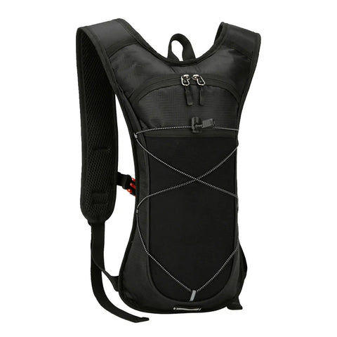 Front view of black Hydration Pack Backpack With Water Bottle Holder, Reflective Strips, Lightweight Nylon Reservoir for outdoor activities.
