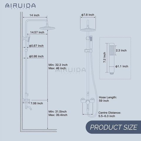 Technical drawing of Outdoor Shower System in SUS304 Brushed Nickel, detailing sizes of 8 inch rainfall head with handheld spray.