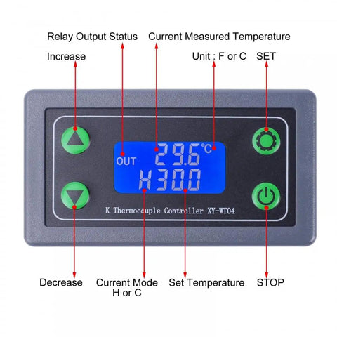 High Temperature Digital Thermostat Controller With K Type Thermocouple, Minus 99 To 999 Degrees Celsius Range, LCD display