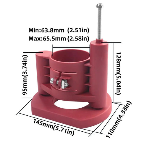 Hassle Free Router Lift System With 65 Mm Universal Table Insert Plate And Smooth Precision Height Adjustment in red, features dimensional details.
