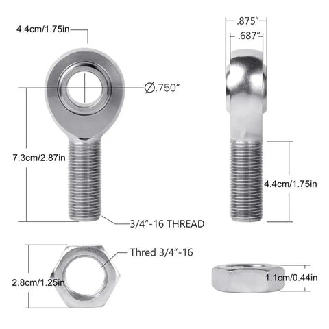 Heavy Duty Chromoly Heim Joint Rod End Kit includes two left hand thread ball ends, dimensions shown for custom suspension linkage.