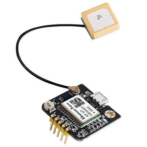 GT U7 GPS Module Two Pack with plug and play setup, high sensitivity, showing PCB board with antenna and micro USB connector.