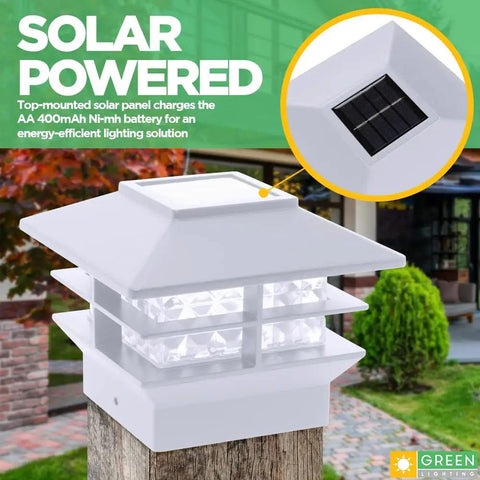 Executive Two Tier 12 Lumen Solar Post Cap Lights for outdoor use on wooden fence post, solar panel detail, white, 4x4 size