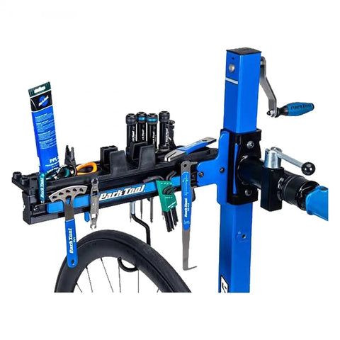 Deluxe Tool And Work Tray For Repair Stands PRS TT 2 holding tools on blue bike stand with ergonomic design for maintenance.