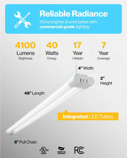 Illustration of Beast Mode 4 Foot Led Shop Light Plug In Linkable Work Lamp solid 48-inch fixture displaying specs and features.