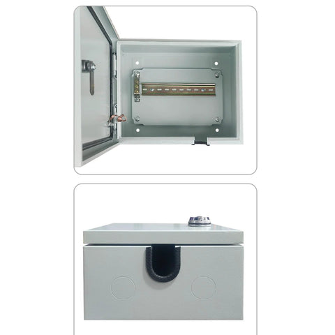 heavy duty waterproof electrical enclosure showing open and side views of junction box