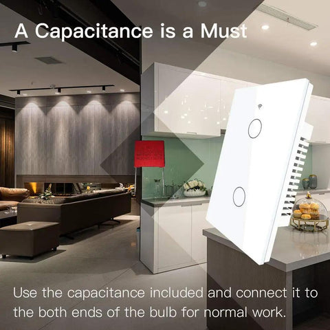 Smart Wall Switch No Neutral Needed For Single Pole 110V, 2 Gang, 2.4GHz WiFi Works With Alexa Google Home, shown in modern living room