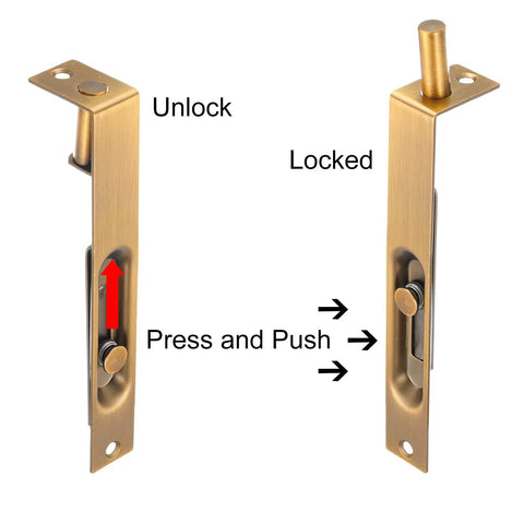 Six Inch Flush Bolt For Wood And Composite Doors With Brass Tone Finish showing unlock and lock positions.