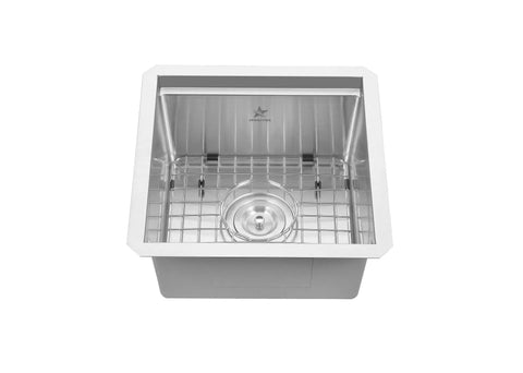 Undermount Stainless Steel Workstation Sink With Ledge, Single Bowl, 304 Grade, 15x15x8 Inch, with grid and drainer view