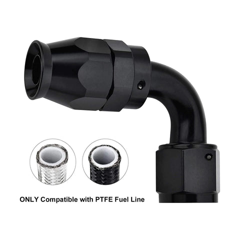 6AN PTFE Hose End Fitting, 90 degree black swivel fittings for PTFE fuel hose only, shown with compatible PTFE lines