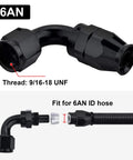 6AN PTFE Hose End Fitting, 90 degree black swivel fittings for PTFE fuel hose only, aluminum 6061 T6, 9/16-18 UNF thread
