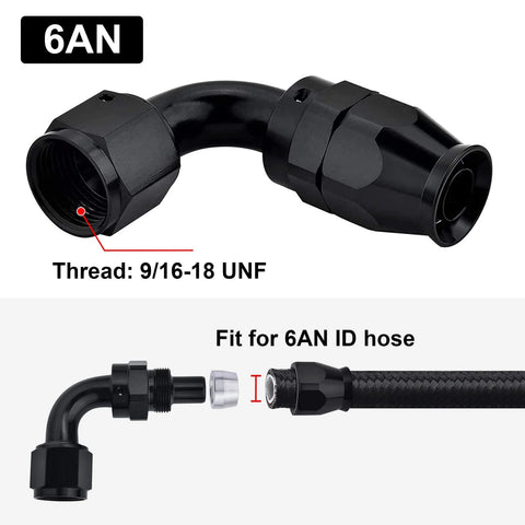 6AN PTFE Hose End Fitting, 90 degree black swivel fittings for PTFE fuel hose only, aluminum 6061 T6, 9/16-18 UNF thread