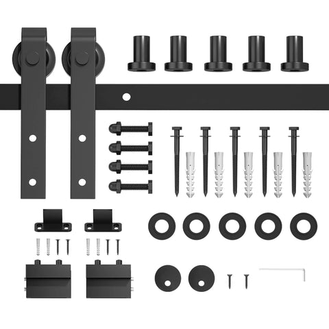 Complete hardware set from 6FT Sliding Barn Door Hardware Kit for Single Doors up to 36 Inch, showing screws, rollers, and track.