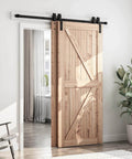 6 Feet Bypass Sliding Barn Door Hardware Kit for Double Wooden Doors with Single Track installed in a room with decor