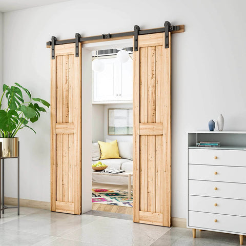 6FT Heavy Duty Double Door Sliding Barn Door Hardware Kit with carbon steel track installed on wooden double doors in living room.