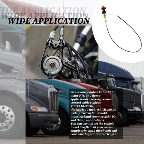 6 Ft Vernier Adjustable Locking Throttle Cable For PTO And Dump Applications With Stainless Core shown next to truck engines