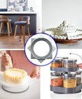 6 Pack 6 Inch Square Lazy Susan Hardware showcased in various uses: bar stools, cake decorating, spice rack, pie serving.